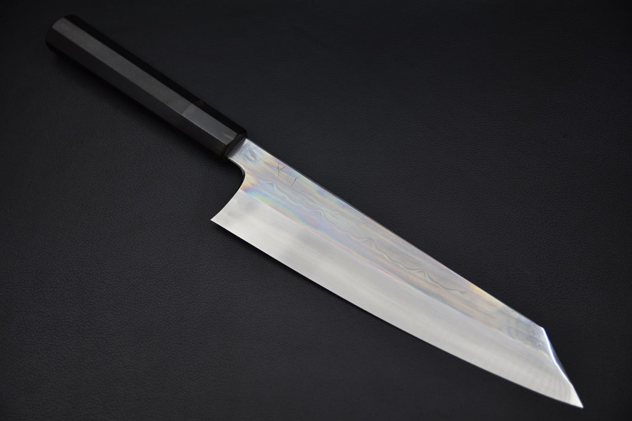 Hitohira Togashi Shirogami #1 Sanbonsugi Mizu Honyaki Kiritsuke Gyuto 240mm Taihei Ebony (#103)