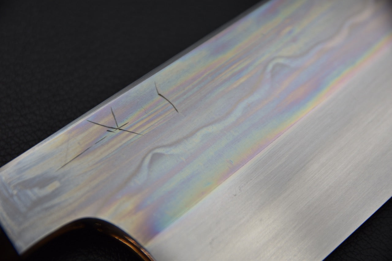 Hitohira Togashi Shirogami #1 Sanbonsugi Mizu Honyaki Kiritsuke Gyuto 240mm Taihei Ebony (#103)