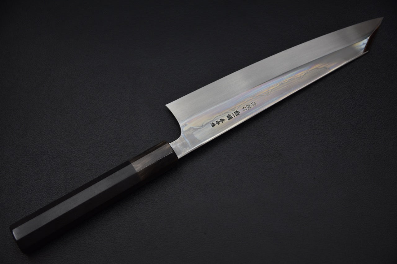 Hitohira Togashi Shirogami #1 Sanbonsugi Mizu Honyaki Kiritsuke Gyuto 240mm Taihei Ebony (#103)