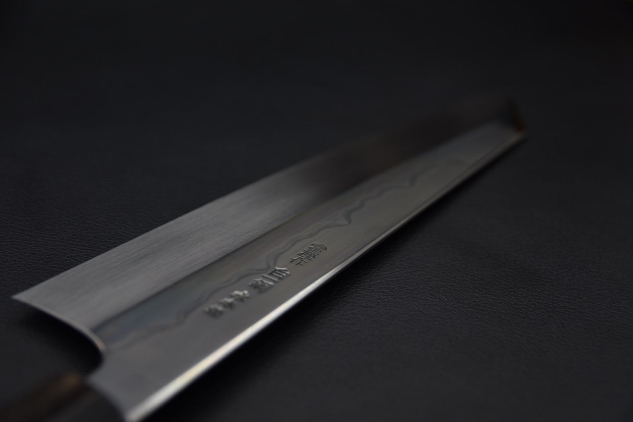 Hitohira Togashi Shirogami #1 Sanbonsugi Mizu Honyaki Kiritsuke Gyuto 240mm Taihei Ebony (#103)