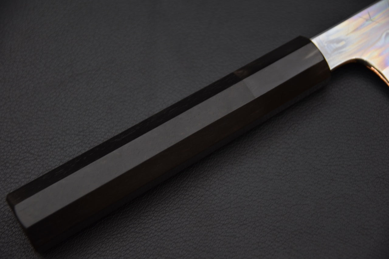 Hitohira Togashi Shirogami #1 Sanbonsugi Mizu Honyaki Kiritsuke Gyuto 240mm Taihei Ebony (#103)