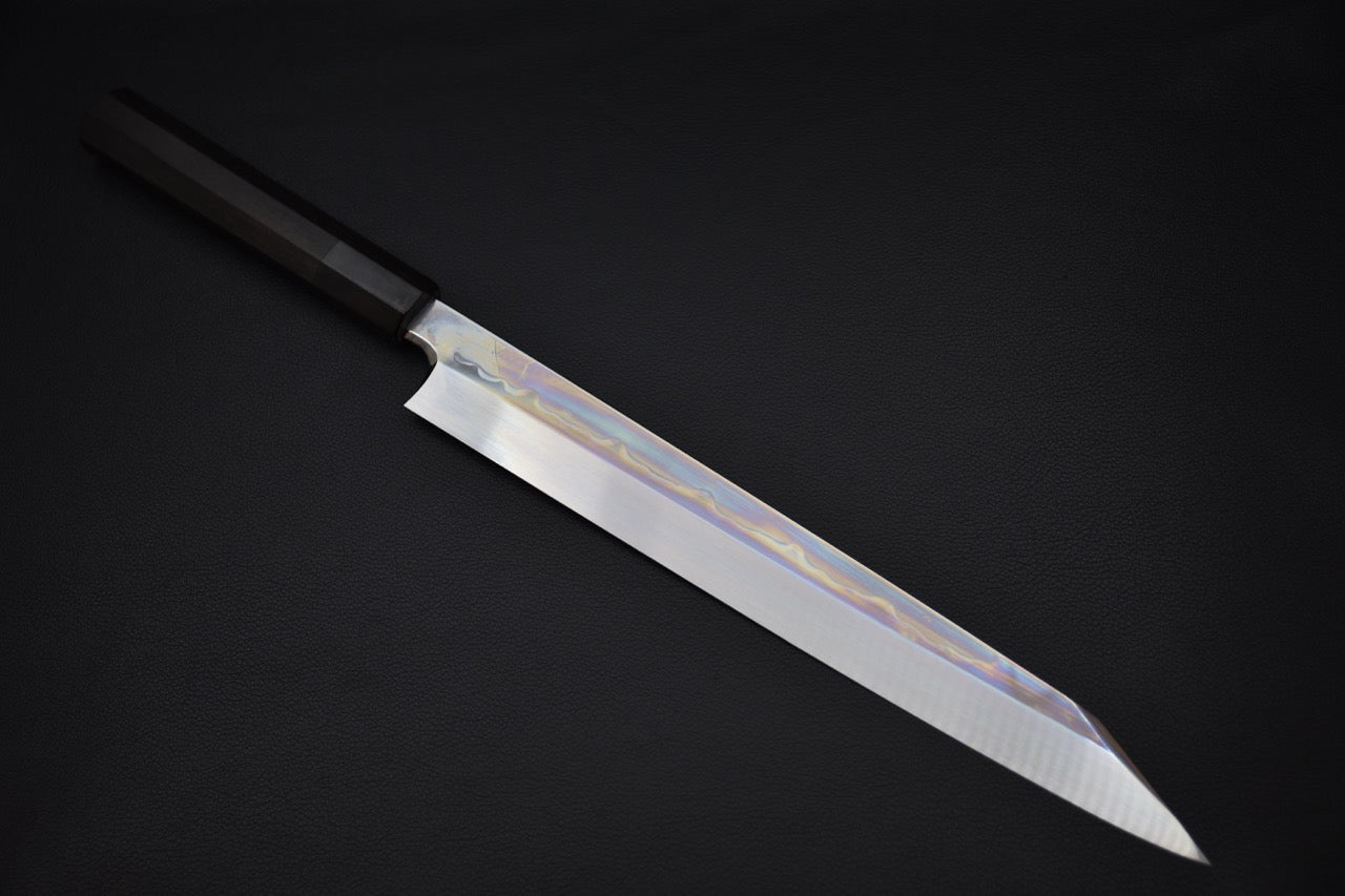 Hitohira Togashi Shirogami #1 Sanbonsugi Mizu Honyaki Kiritsuke Yanagiba 300mm Taihei Ébène