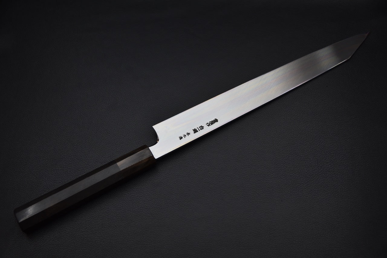 Hitohira Togashi Shirogami #1 Sanbonsugi Mizu Honyaki Kiritsuke Yanagiba 300mm Taihei Ébène