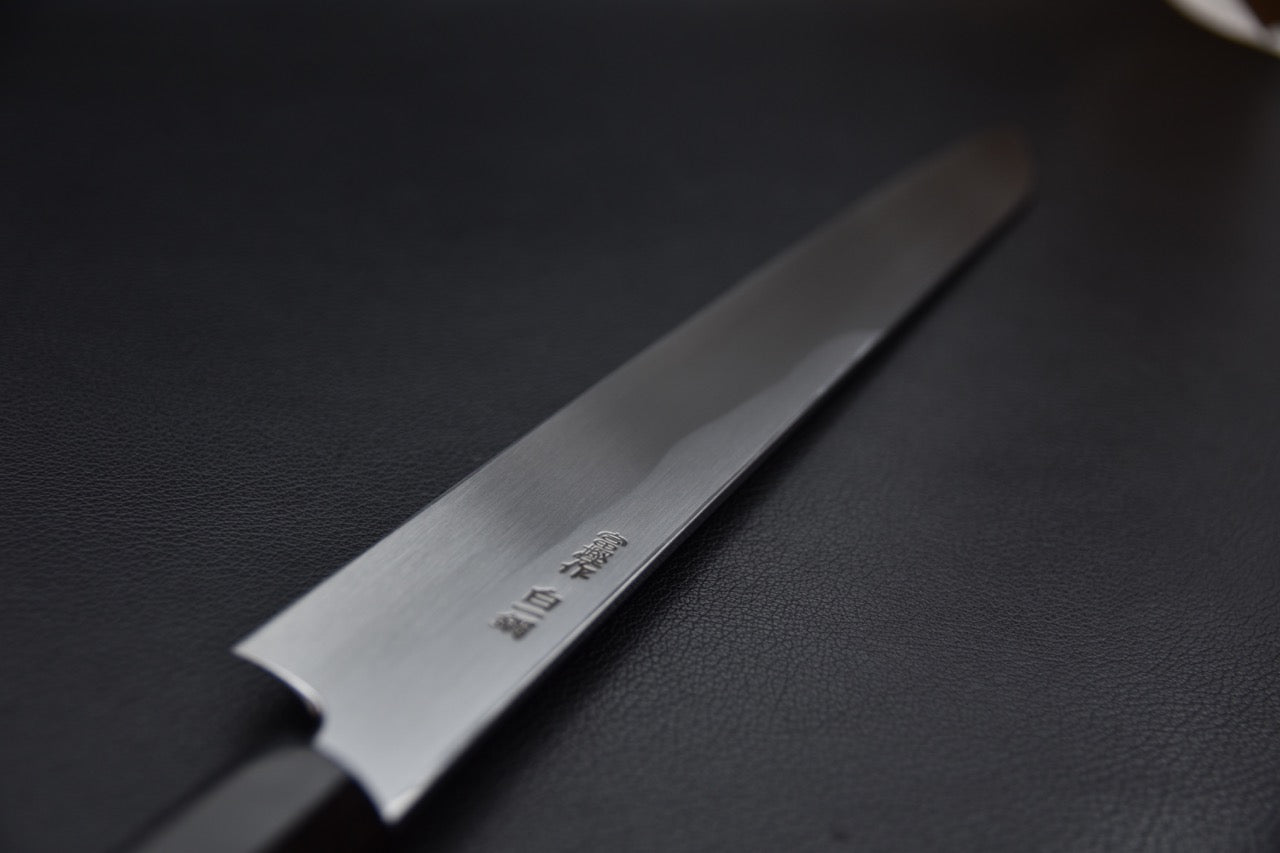« Couteau japonais Shirogami #1, lame longue 300 mm profil kiritsuke yanagiba, finition polie »