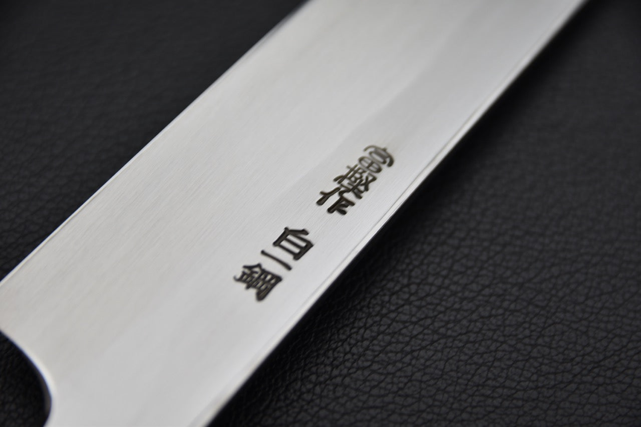 « Couteau japonais, lame gravée et biseau simple, acier Yasuki White #1 »