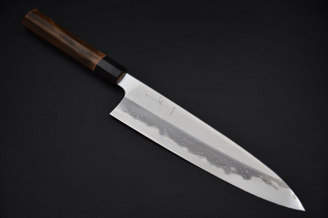 Hitohira Togashi Shirogami #1 Damascus Gyuto 240 Burnt Yakusugi Cedar