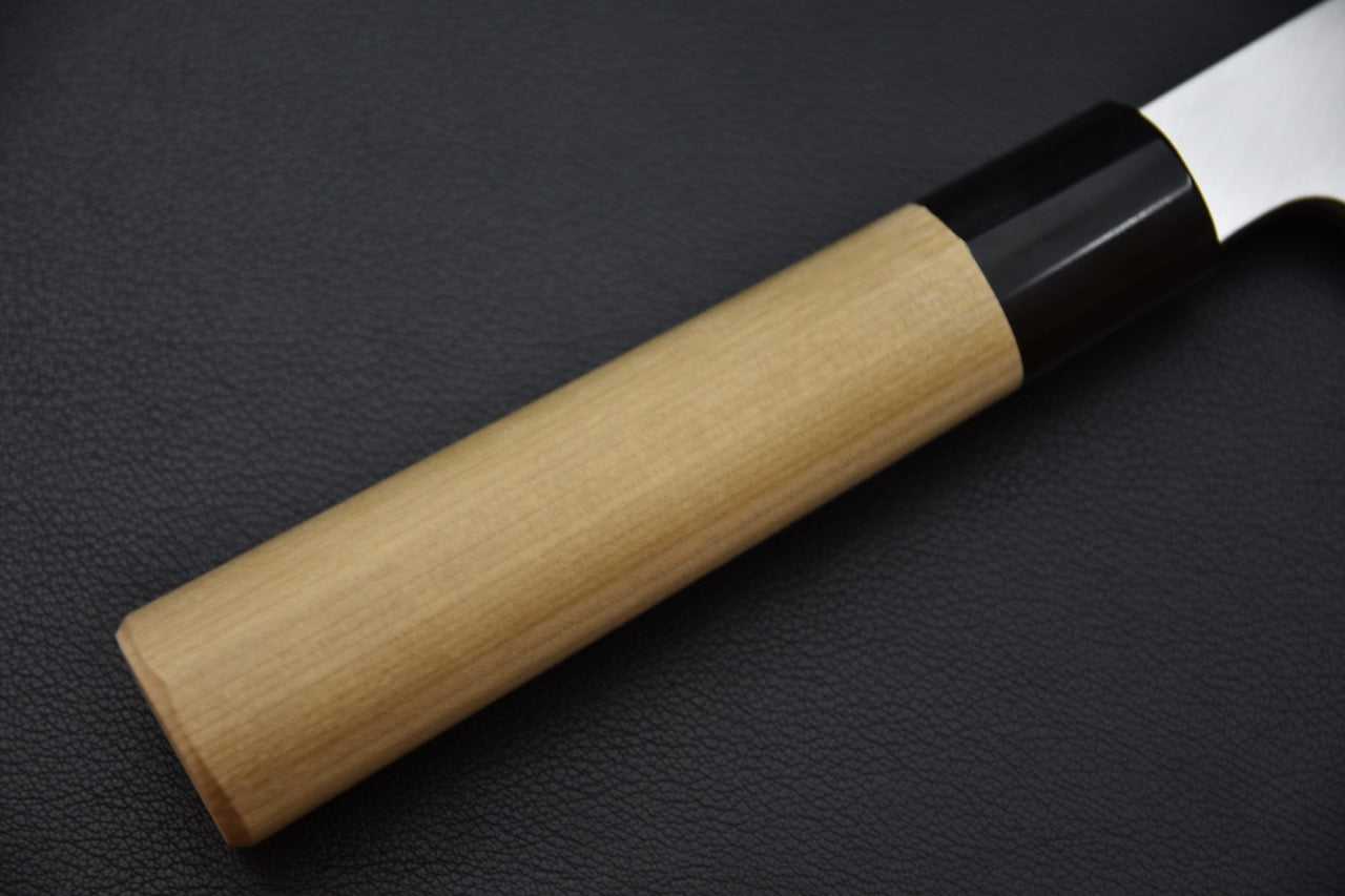 couteau japonais hamokiri, finition satinée, manche bois Ho fermée par ferrule en corne de buffle