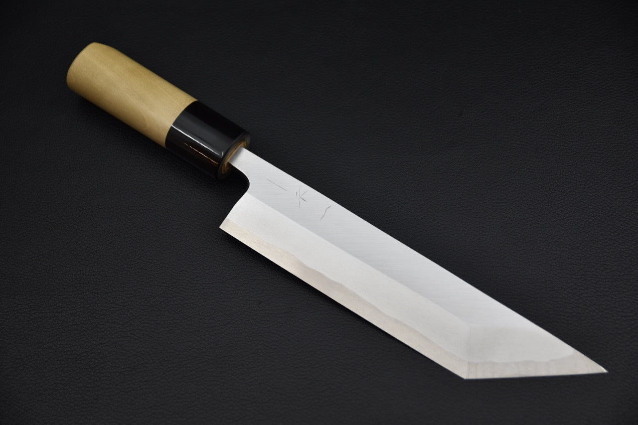 Couteau japonais Hitohira Togashi Aogami #2 Edo Saki 180 mm, détail du simple biseau et de la finition kasumi.
