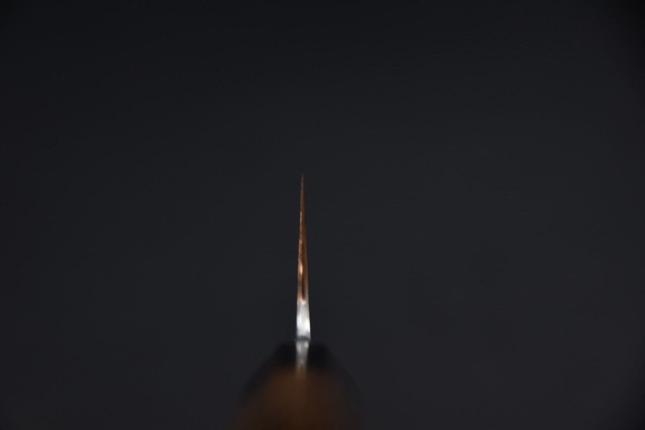 Couteau japonais petty Jiro 180mm, gros plan du talon et de la courbe de la lame avec manche en bois foncé — Stay Sharp Montréal.