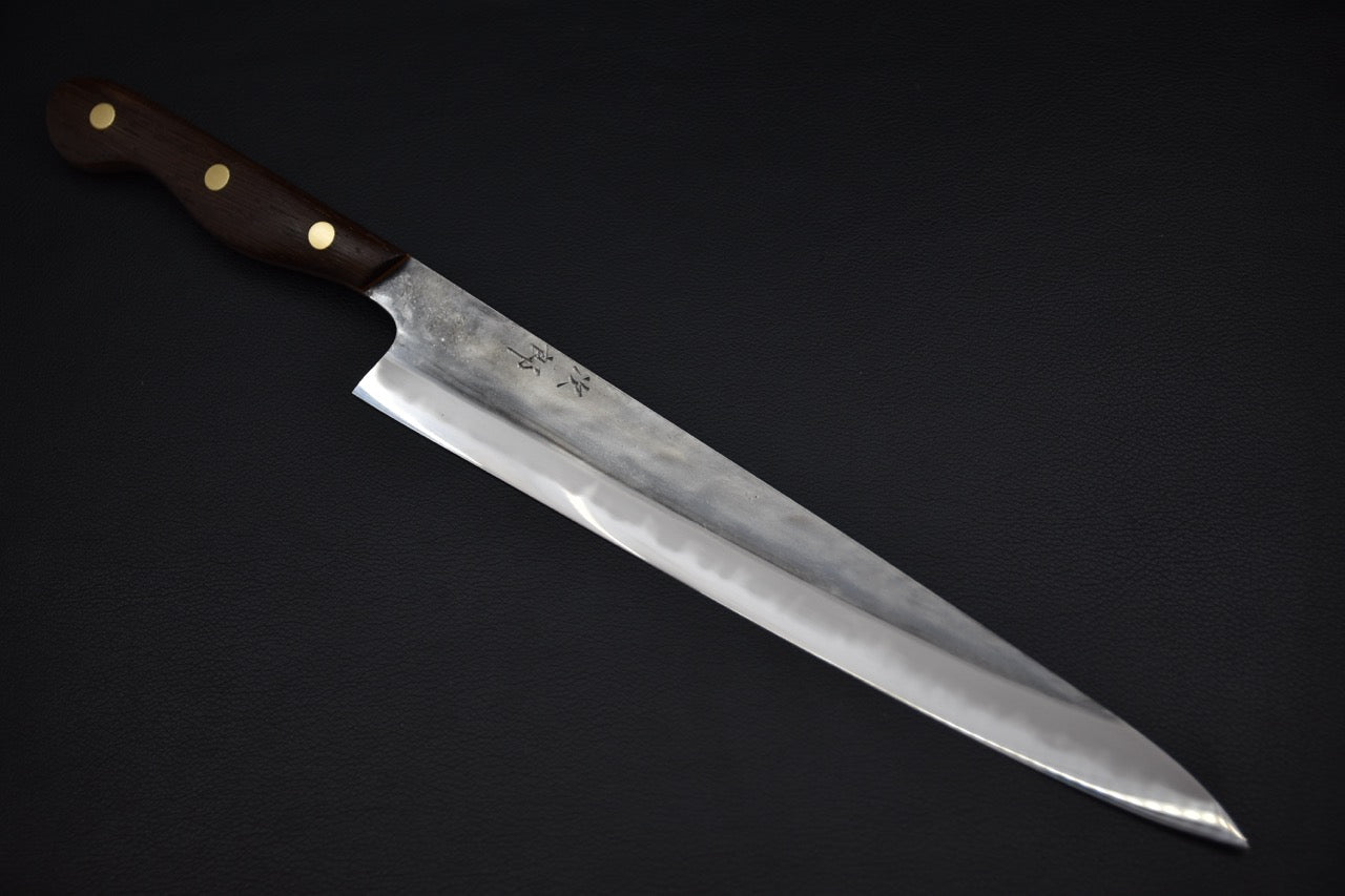 Couteau japonais sujihiki 270mm Jiro avec manche occidental en tagayasan, vue complète de profil — Stay Sharp Montréal.