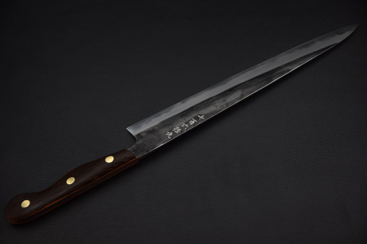 Couteau japonais sujihiki 270mm Jiro, vue complète de l’autre face avec manche en tagayasan — Stay Sharp Montréal.