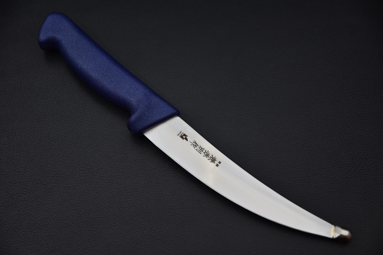 Couteau japonais Kanehide Bessaku Chosaki lame courbée en acier inoxydable et manche bleu élastomère