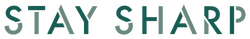 Stay Sharp logo with green geometric letters on a light gray background.