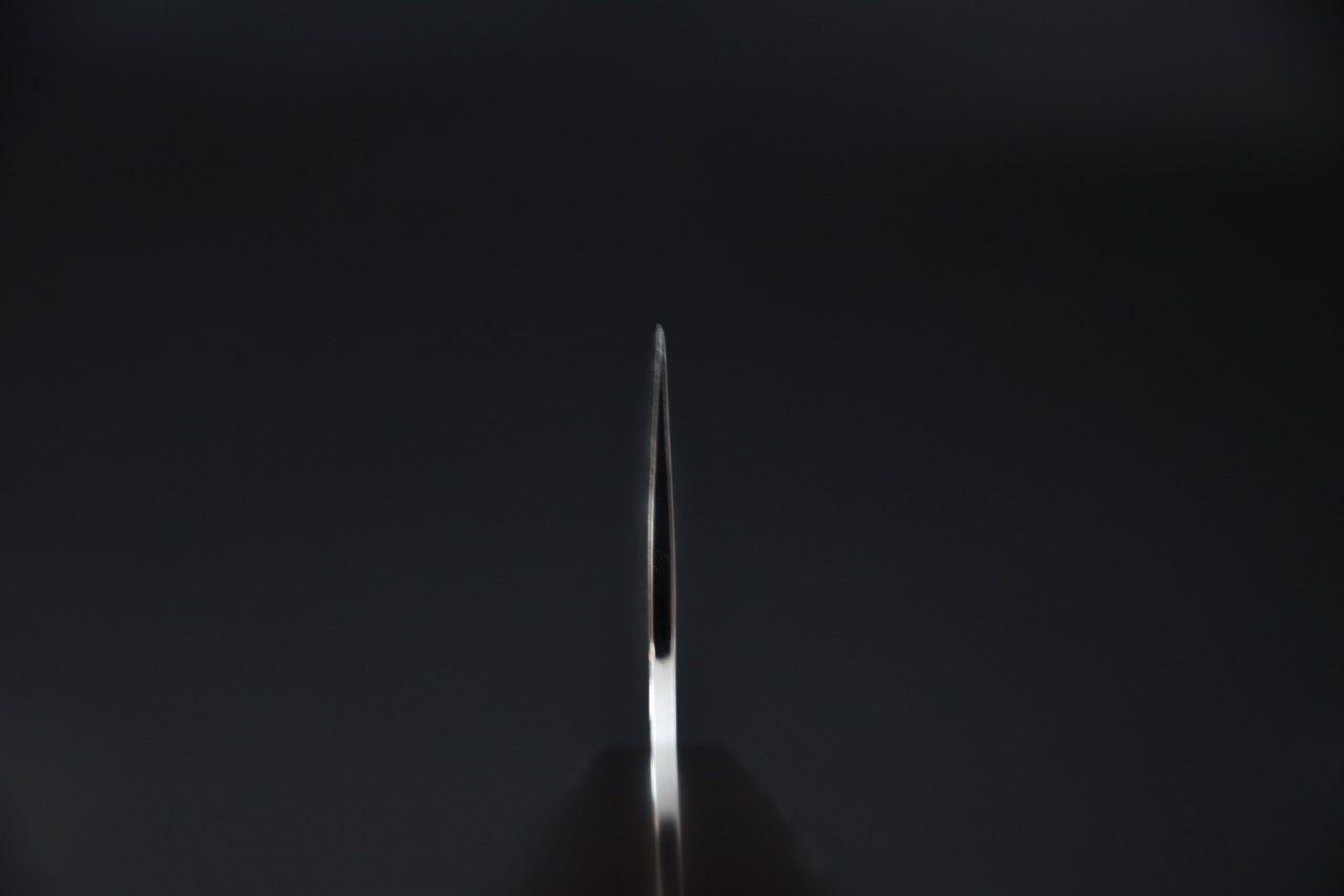 Vue du tranchant du couteau japonais nakiri, géométrie fine.