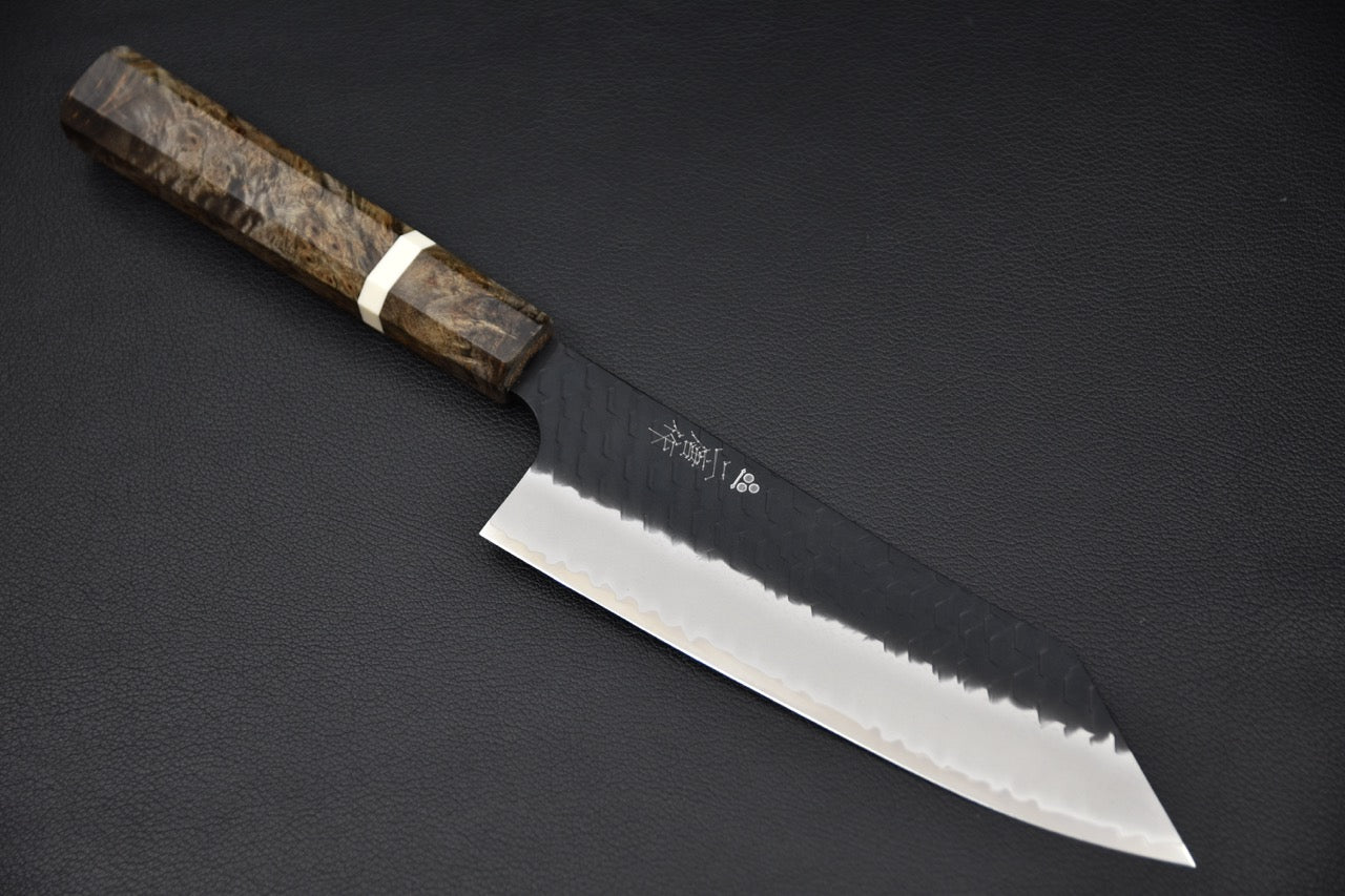 Couteau japonais bunka SG2 finition kurouchi tsuchime avec manche en bois de bouleau stabilisé — Stay Sharp Montréal