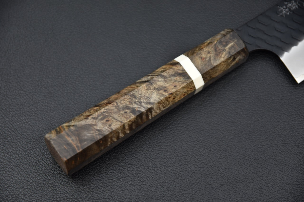 Manche octogonal en bois de bouleau stabilisé sur couteau japonais bunka — Stay Sharp Montréal