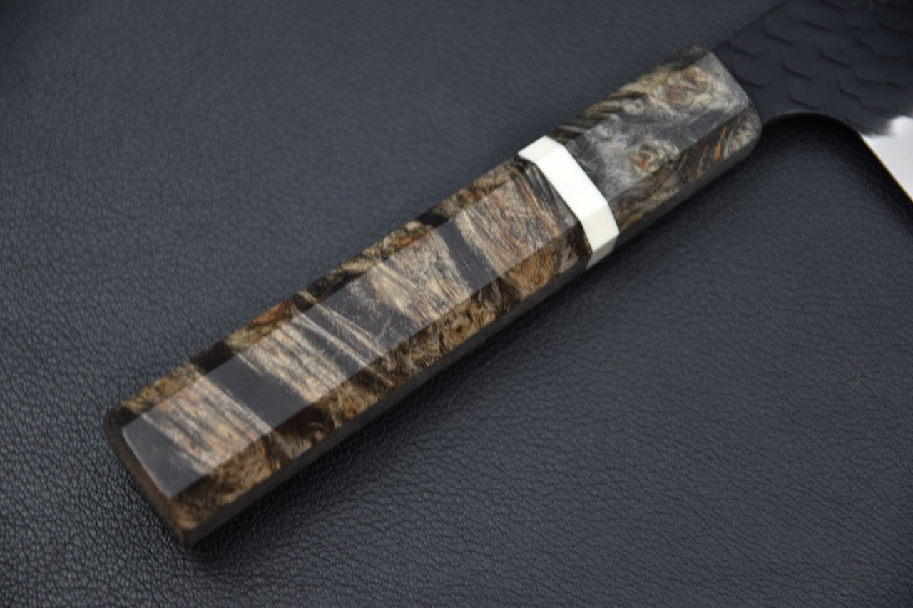 Manche octogonal en bouleau stabilisé sur couteau japonais kiritsuke nakiri — Stay Sharp Montréal