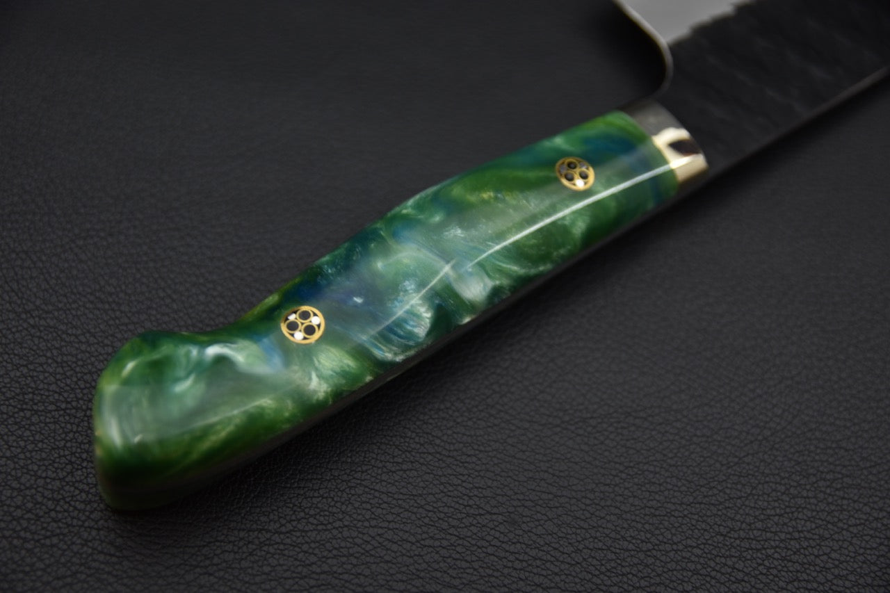 Nigara Hamono SG2 Kurouchi Tsuchime Santoku 170mm Émeraude