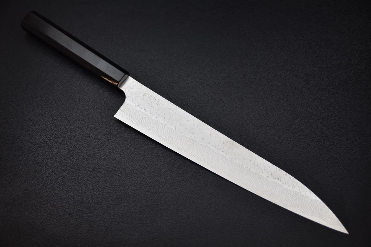 couteau japonais Nigara SG STRIX Sujihiki 270 mm lame damassée et manche en ébène