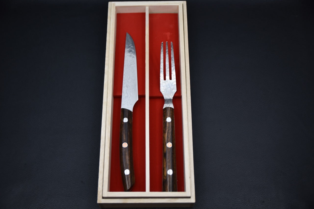 Ensemble Saji R2 Damascus Couteau à Steak et fourchette Damascus