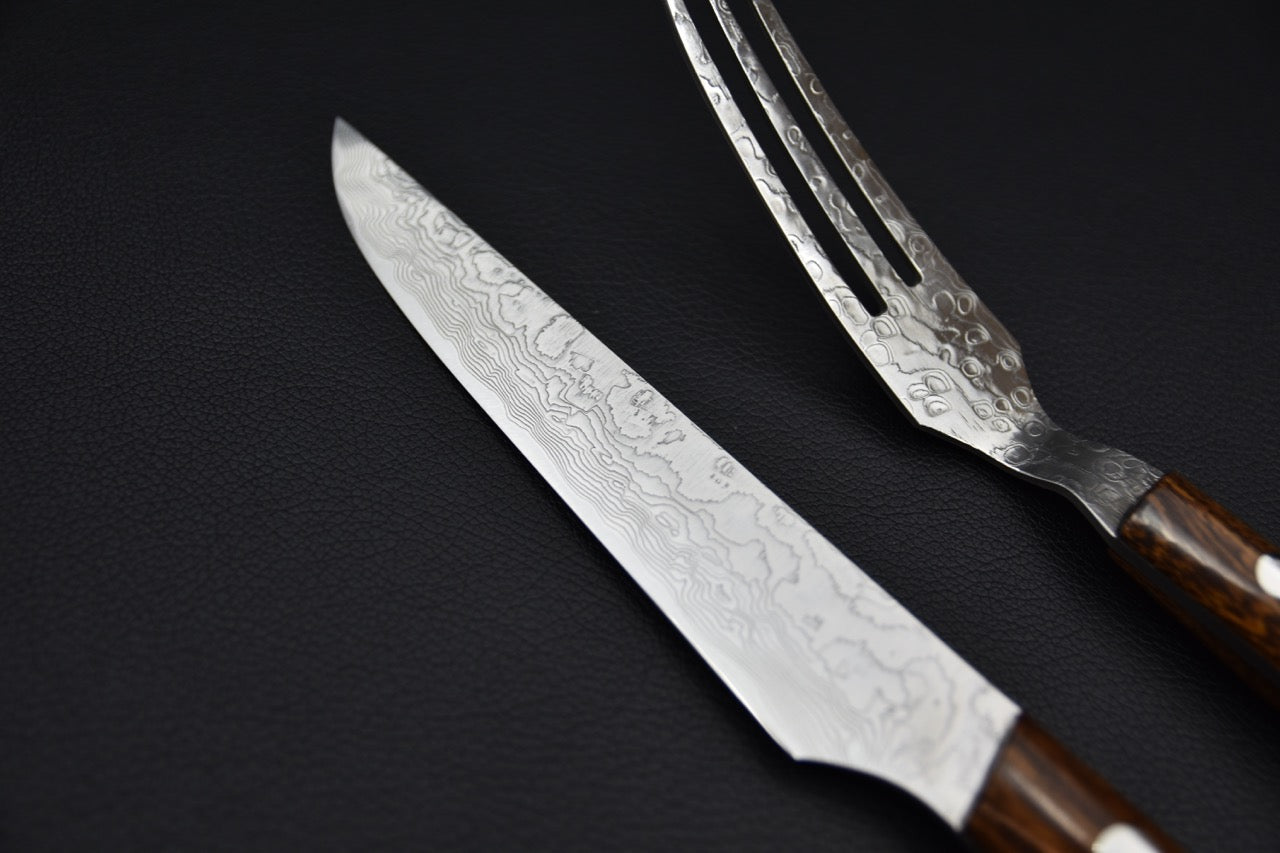 Ensemble Saji R2 Damascus Couteau à Steak et fourchette Damascus