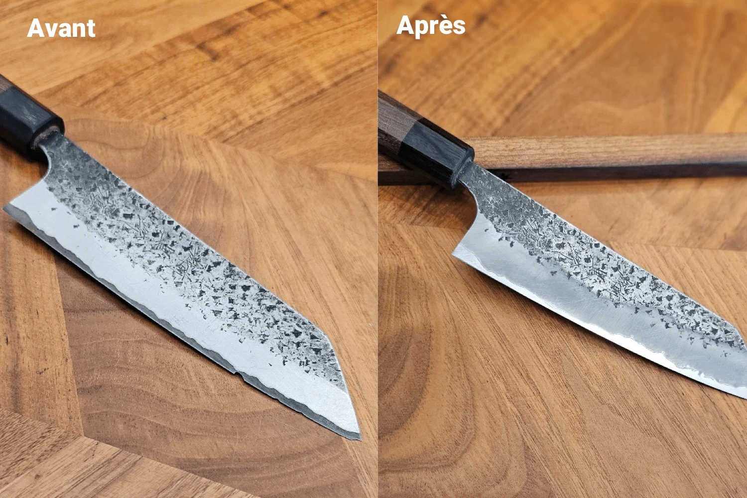 Side-by-side comparison of a Japanese knife labeled (before) and (after), showing blade repair and restoration on a wooden surface.
