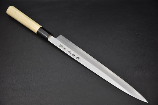 Couteau japonais yanagiba 270 mm Sakai Takayuki Tokucho en acier Shirogami #2, manche magnolia – vue complète