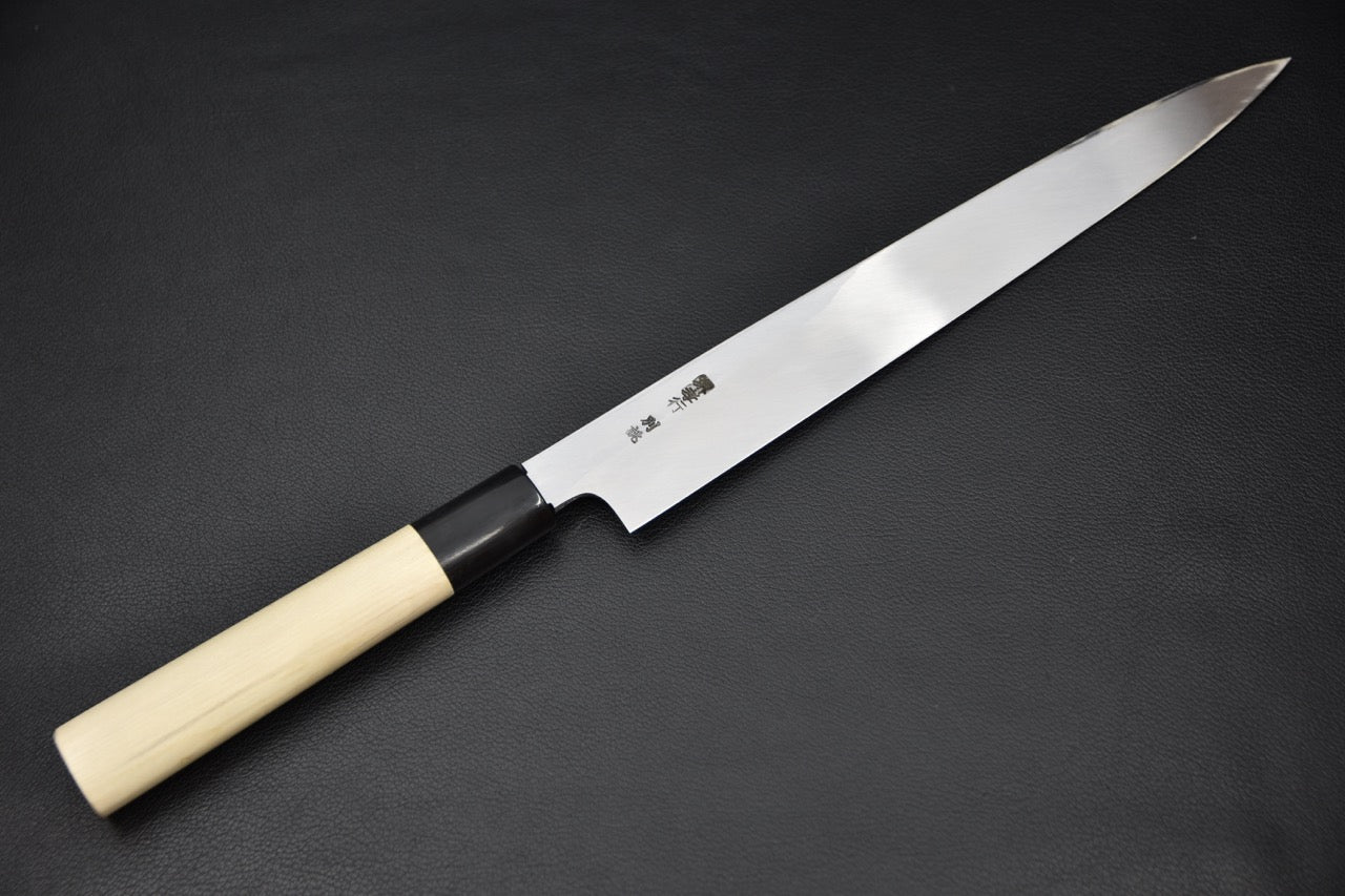 Couteau japonais yanagiba 270 mm Shirogami #2 pour gaucher – vue complète de la lame et du manche