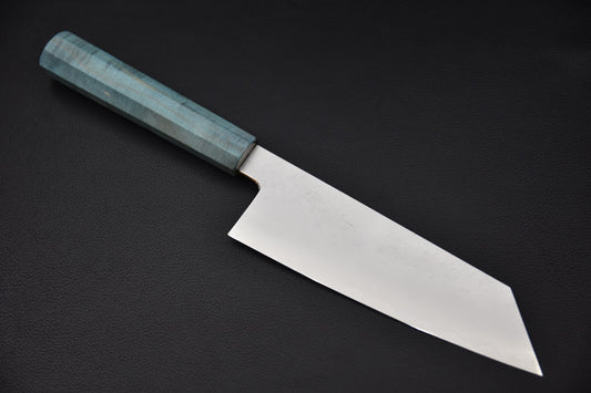 Couteau japonais Bunka 180mm lame acier SG2 poli avec motif tsuchime et manche bleu.