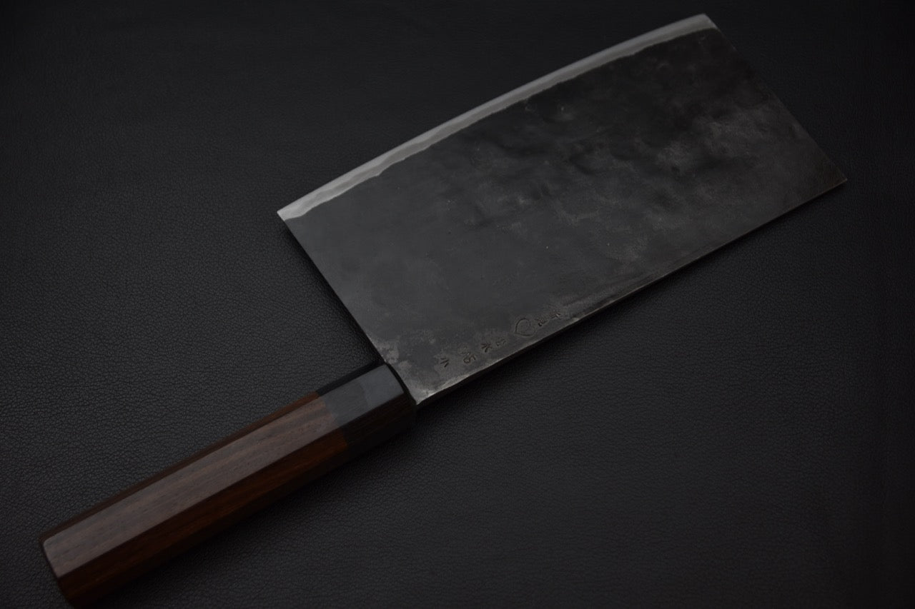 Couteau japonais Takeda NAS Couperet Chinois Petit, vue de la lame rectangulaire et du manche en érable — Stay Sharp Montréal.