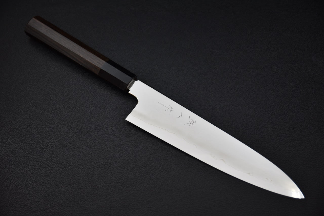 Couteau japonais gyuto 210mm Tetsujin Ginsan Kasumi, acier inoxydable Ginsan, finition kasumi et manche en ébène Macassar — Stay Sharp Montréal.