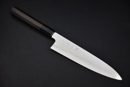 Couteau japonais gyuto 210mm Tetsujin Ginsan Kasumi, acier inoxydable Ginsan, finition kasumi et manche en ébène Macassar — Stay Sharp Montréal.