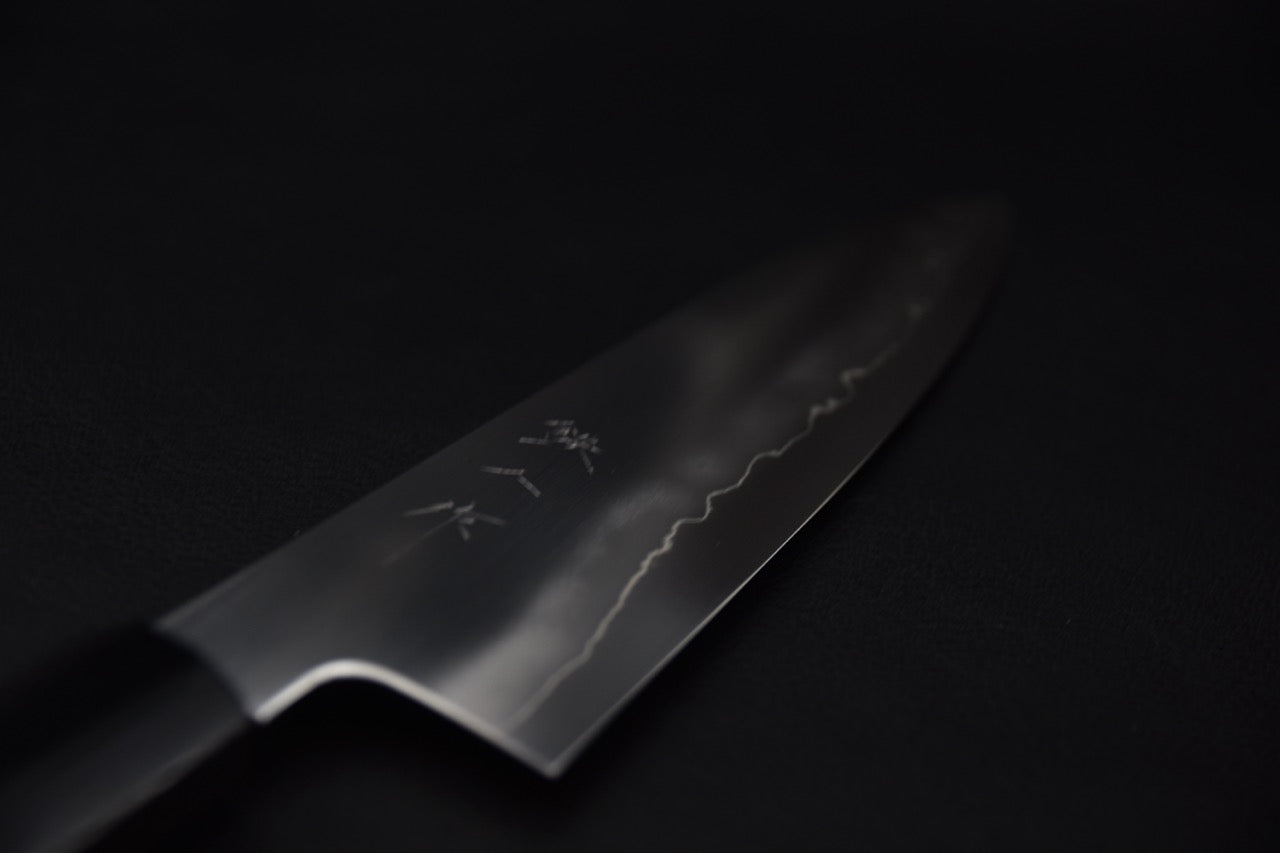 Couteau japonais gyuto 210mm Tetsujin Ginsan Kasumi, vue complète sur fond noir — Stay Sharp Montréal.