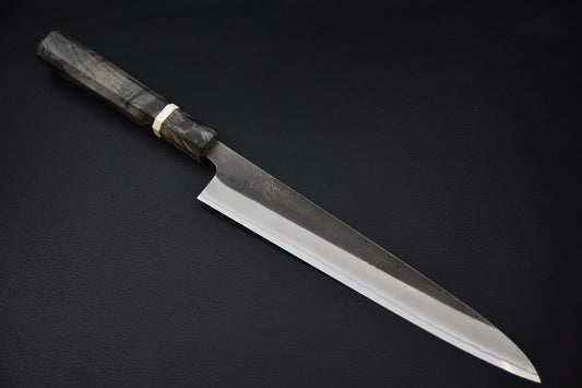 Couteau japonais Sujihiki Yoshikane lame Shirogami #2 finition Nashiji vu de côté.