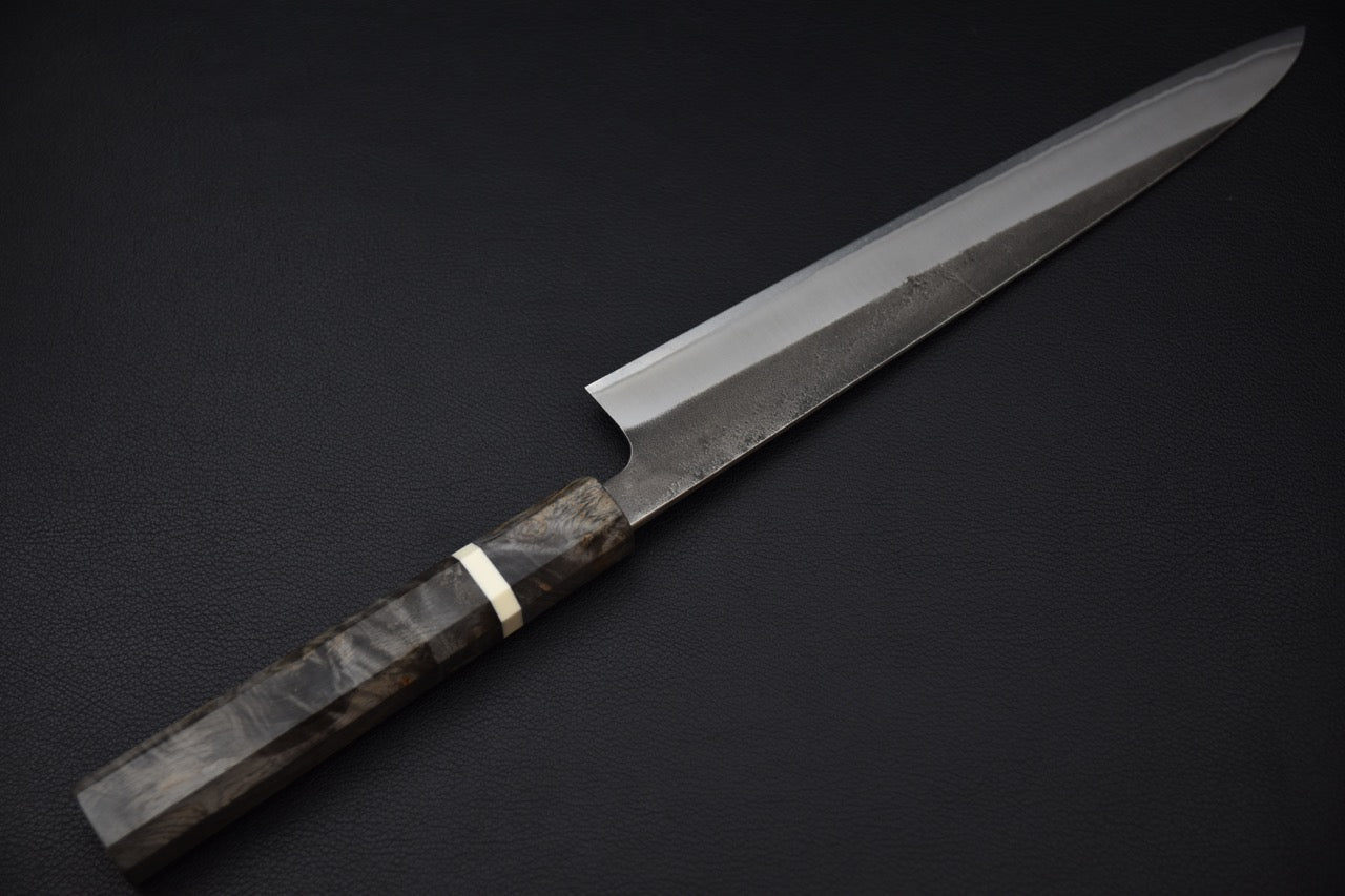 Profil complet du couteau japonais Sujihiki Yoshikane Shirogami #2 manche en bouleau.