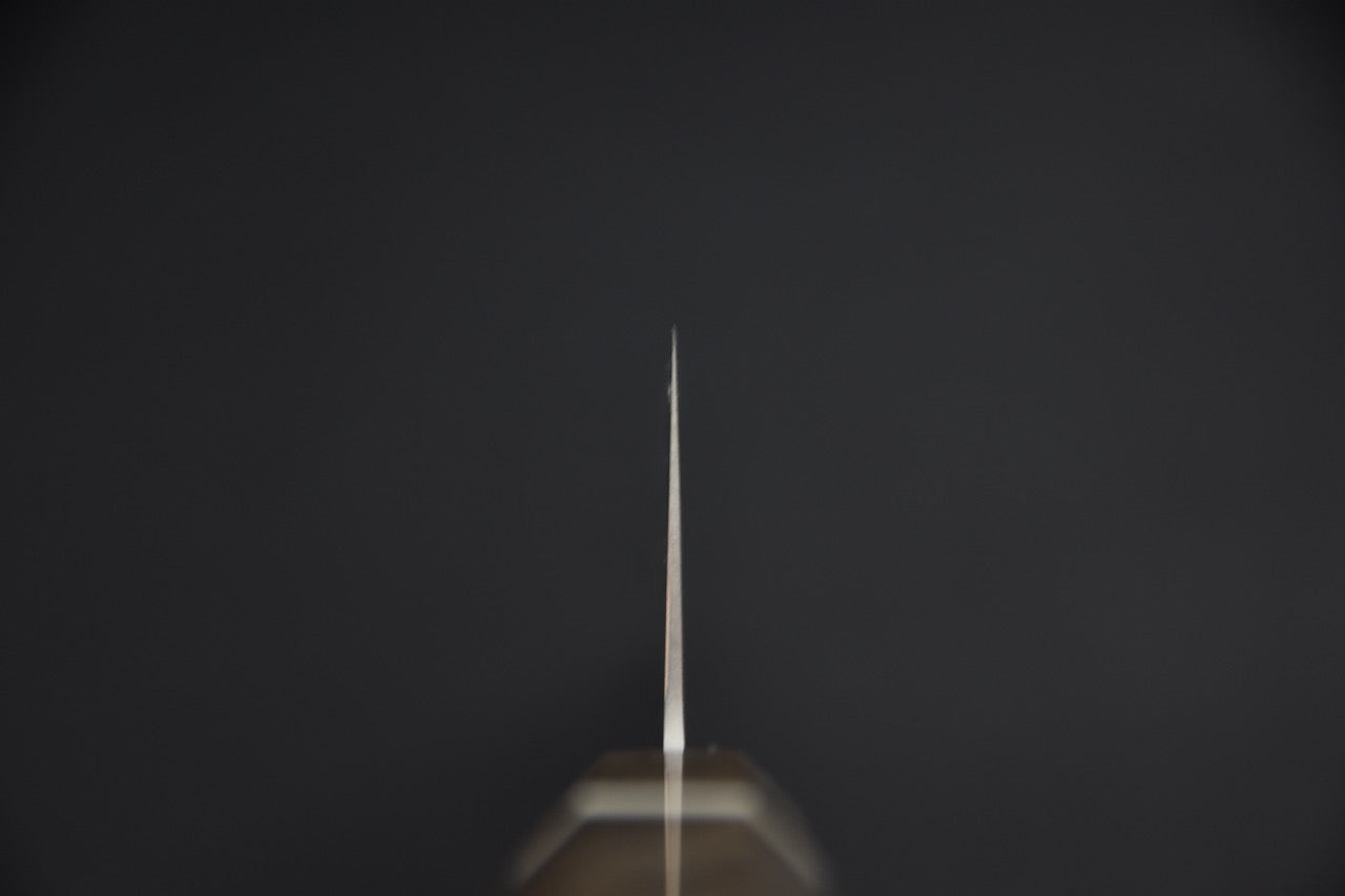 Hatsukokoro gyuto 210 mm — vue de dos du tranchant, profil de lame fin