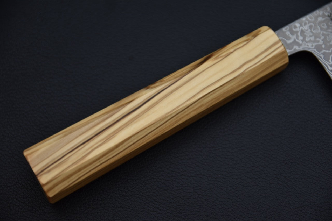 Couteau japonais bunka sanmai, détail du tranchant et de la ligne hagane