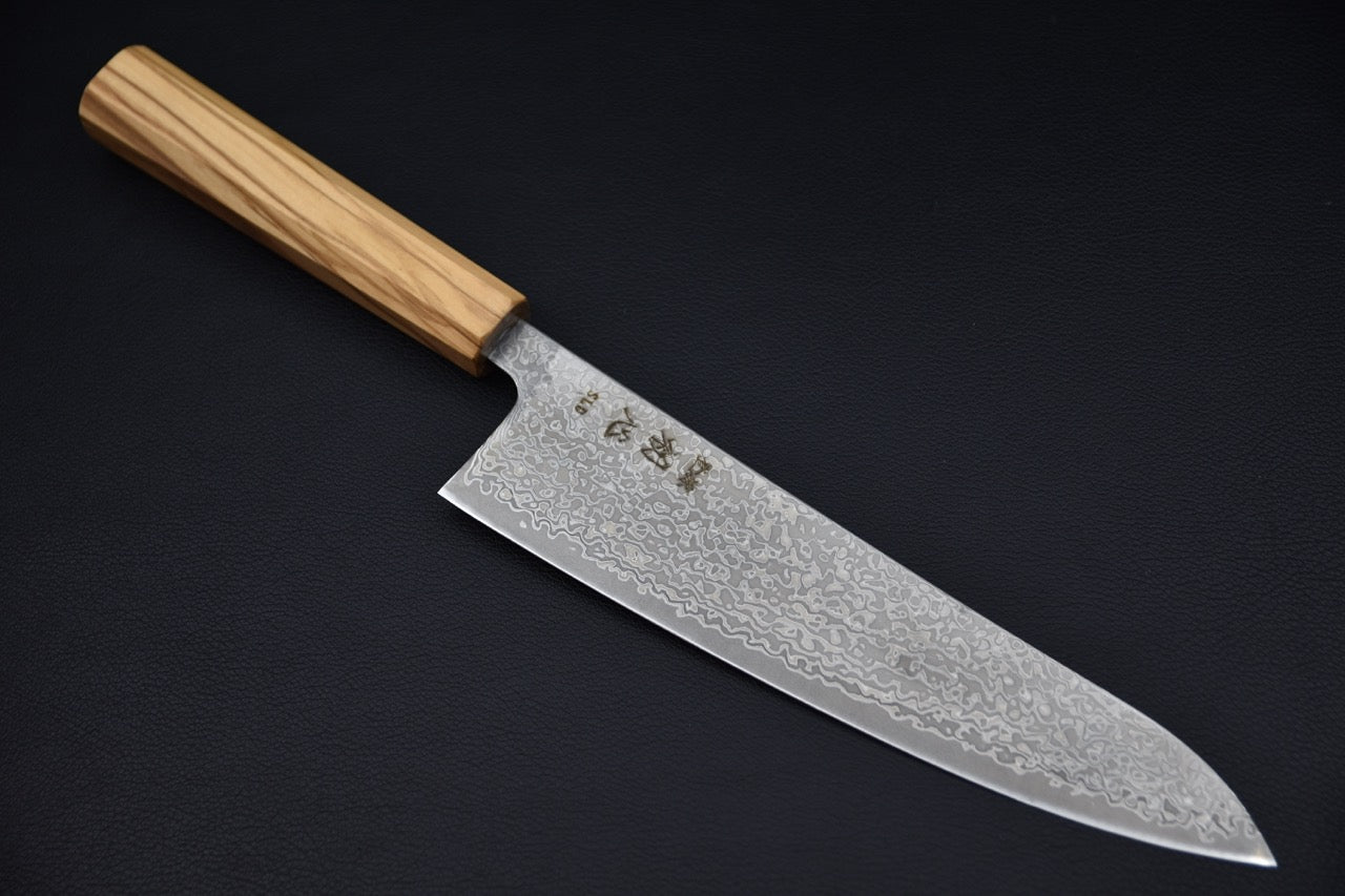 Hatsukokoro gyuto 210 mm SKD-11 — vue complète, couteau japonais sur fond neutre