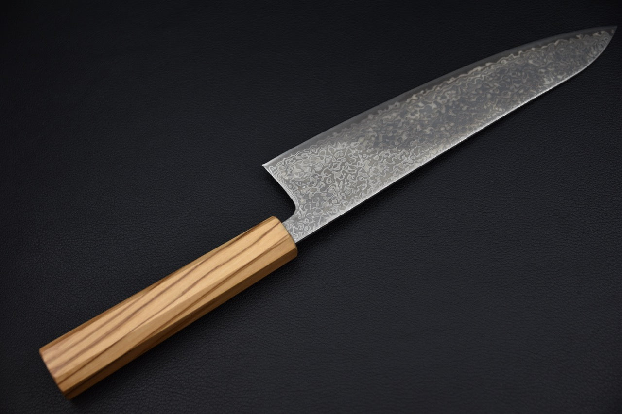 Hatsukokoro gyuto — manche wa en olivier, vue latérale, couteau japonais