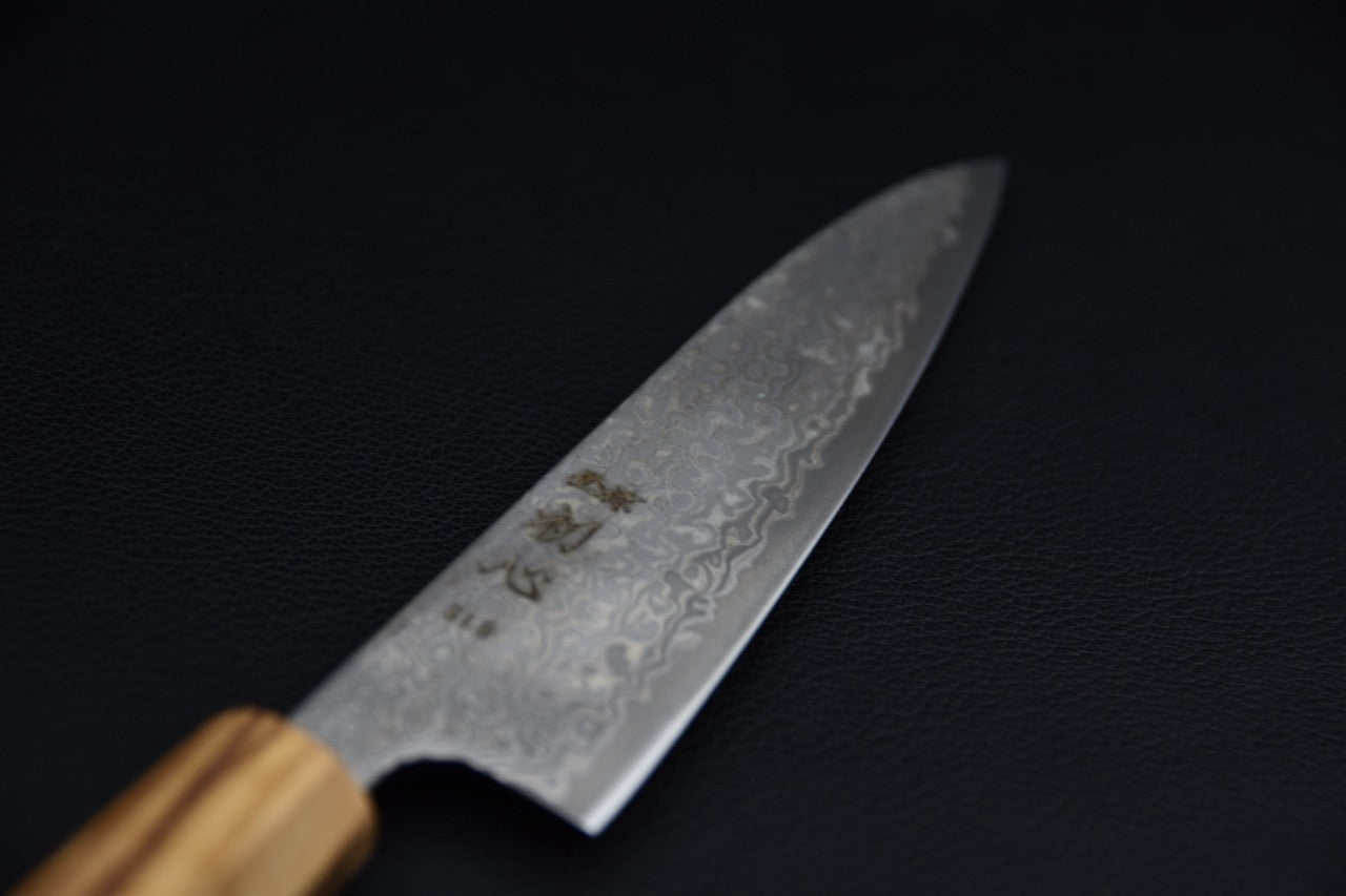 Hatsukokoro petty 130 mm — profil de lame, construction sanmai visible