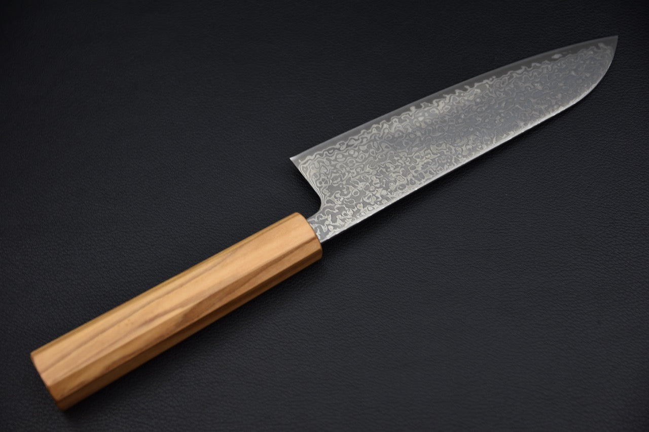 Hatsukokoro santoku SLD — talon de lame et manche wa, couteau japonais