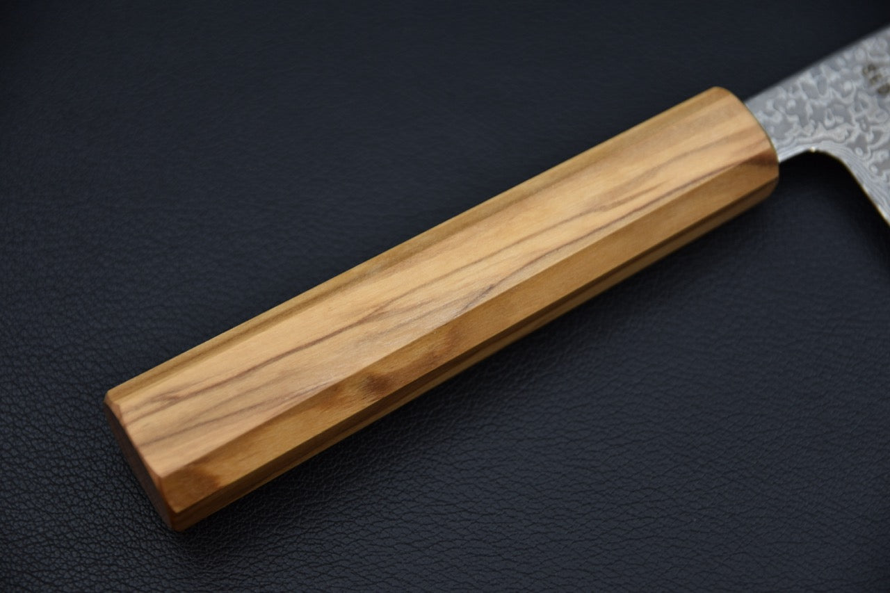 Hatsukokoro santoku SLD — vue de dos, dos de lame, couteau japonais