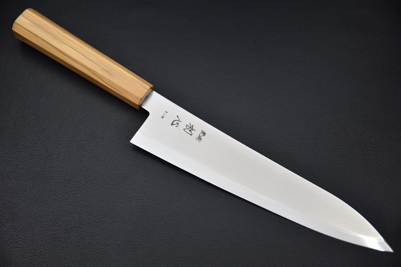 Hatsukokoro gyuto 210 mm en Aogami #2 — vue complète du couteau japonais