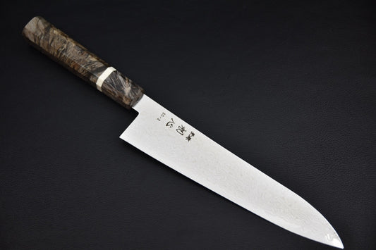 Hatsukokoro gyuto 210 mm SG2 — vue d'ensemble, manche wa en bouleau et lame damas