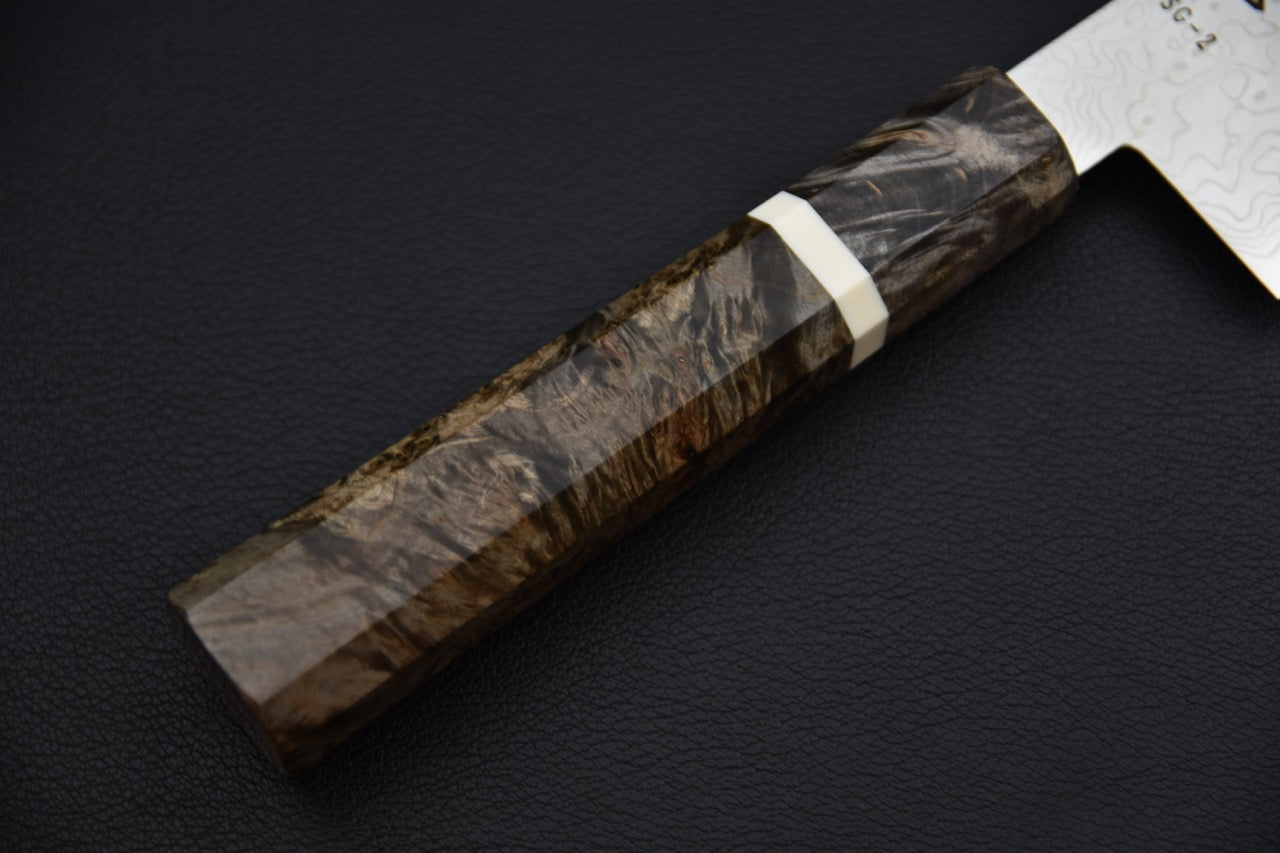 Hatsukokoro gyuto 210 mm SG2 — manche wa en bouleau, section octogonale et virole claire