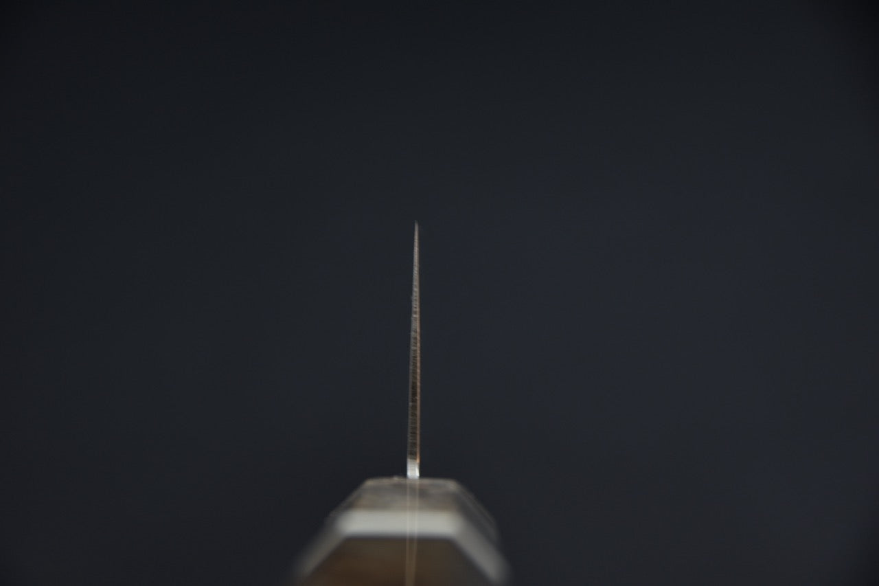 Hatsukokoro gyuto 210 mm SG2 — tranchant vu de face, fil très fin en bout de lame