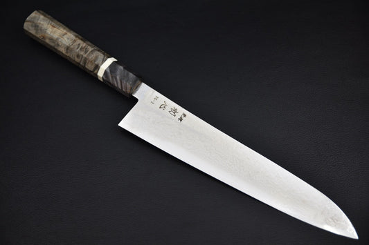 Hatsukokoro gyuto 240 mm SG2 — vue d'ensemble, lame et manche en bouleau stabilisé