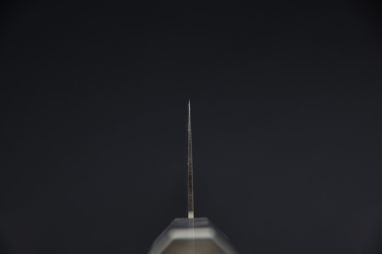 Hatsukokoro gyuto 240 mm SG2 — pointe vue de face, finesse du fil
