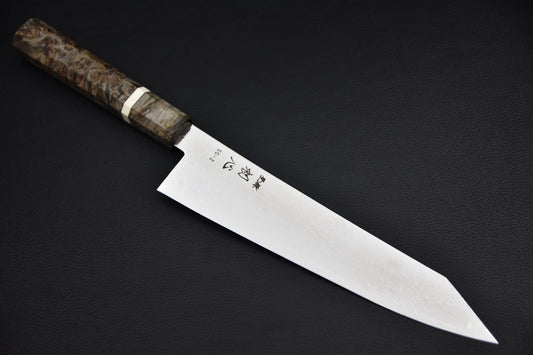 Hatsukokoro kiritsuke 210 mm SG2 — vue d'ensemble, manche bouleau madré et lame damas