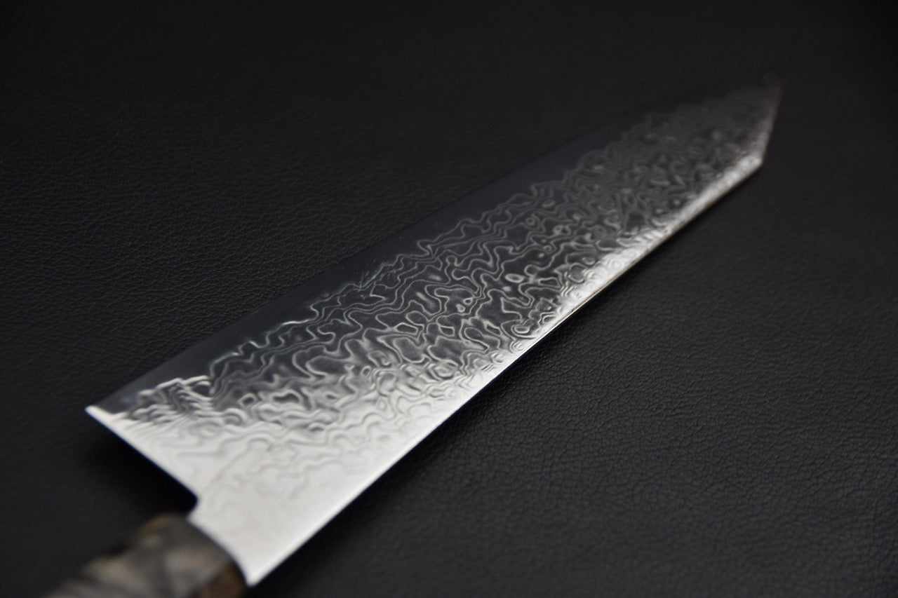 Hatsukokoro kiritsuke 210 mm — vue du corps de lame côté damas texturé